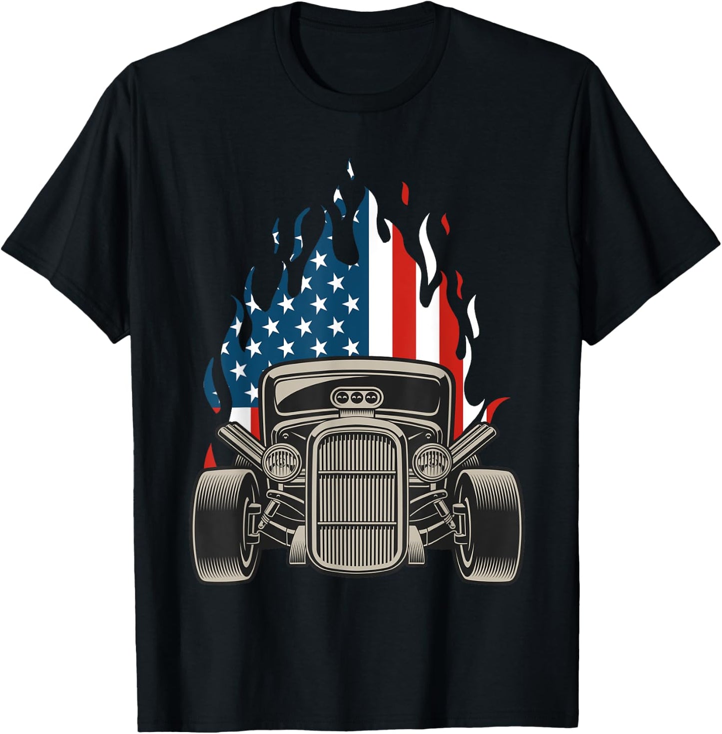 American Flag Vintage Hot Rod Veteran Memorial Day July 4 T-Shirt - T-Shirt | Black