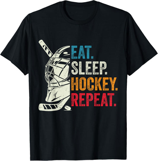 Eat Sleep Hockey Repeat Kids Adult Ice Hockey Goalie Vintage T-Shirt - T-Shirt | Black