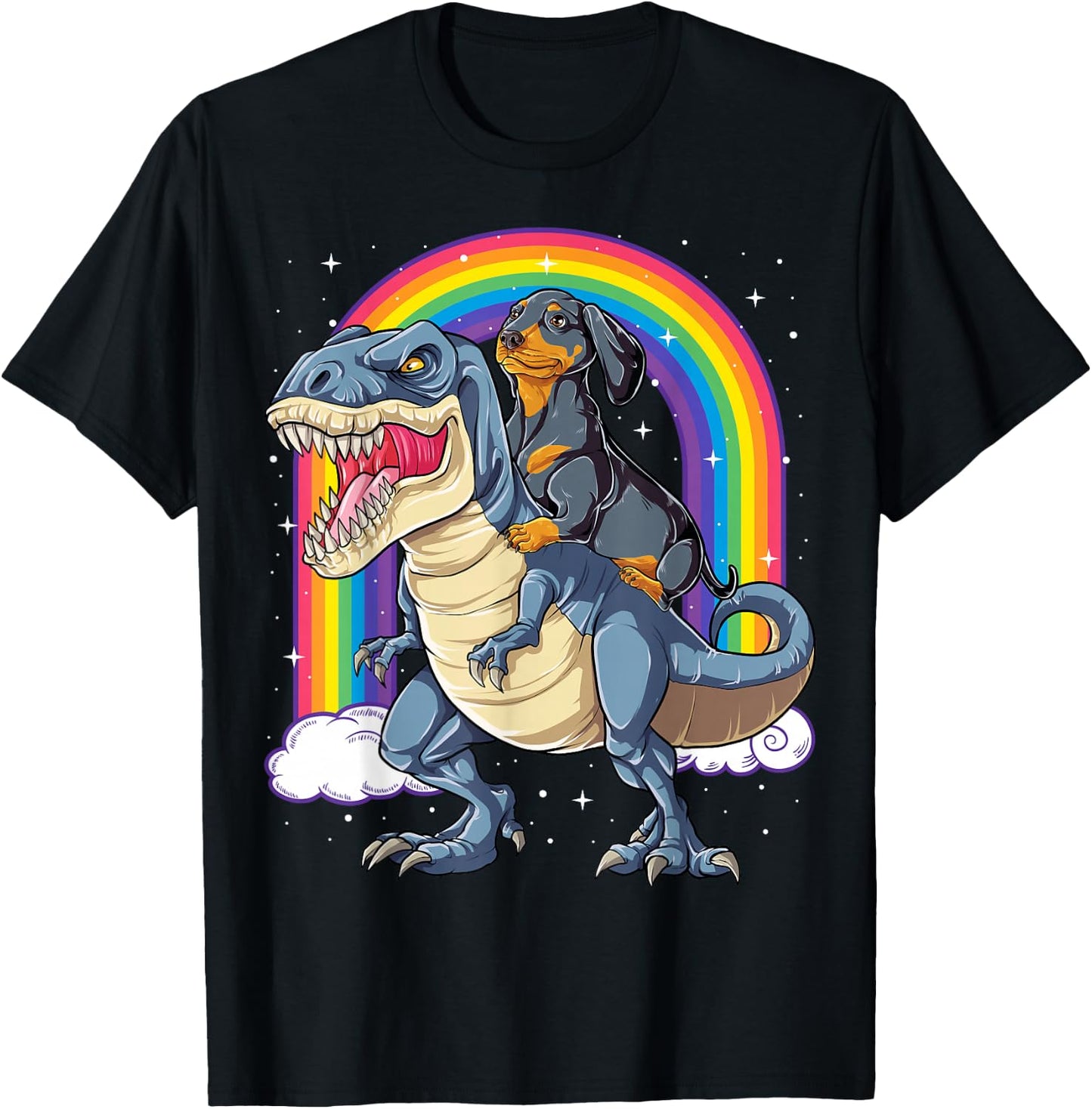 Dachshund Riding Dinosaur T-rex Gifts Boys Kids Men Rainbow T-Shirt - T-Shirt | Black