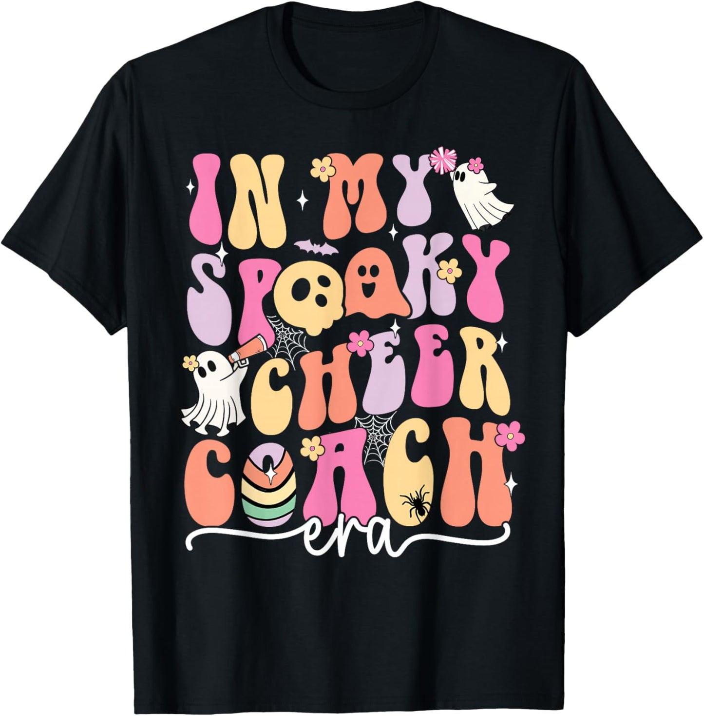 In My Spooky Cheer Coach Era Halloween Ghost Floral Groovy T-Shirt - T-Shirt | Black