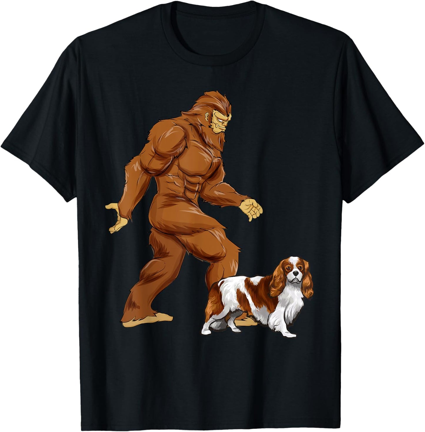 Fun Bigfoot Walking Cavalier King Charles Spaniel Sasquatch T-Shirt - T-Shirt | Black