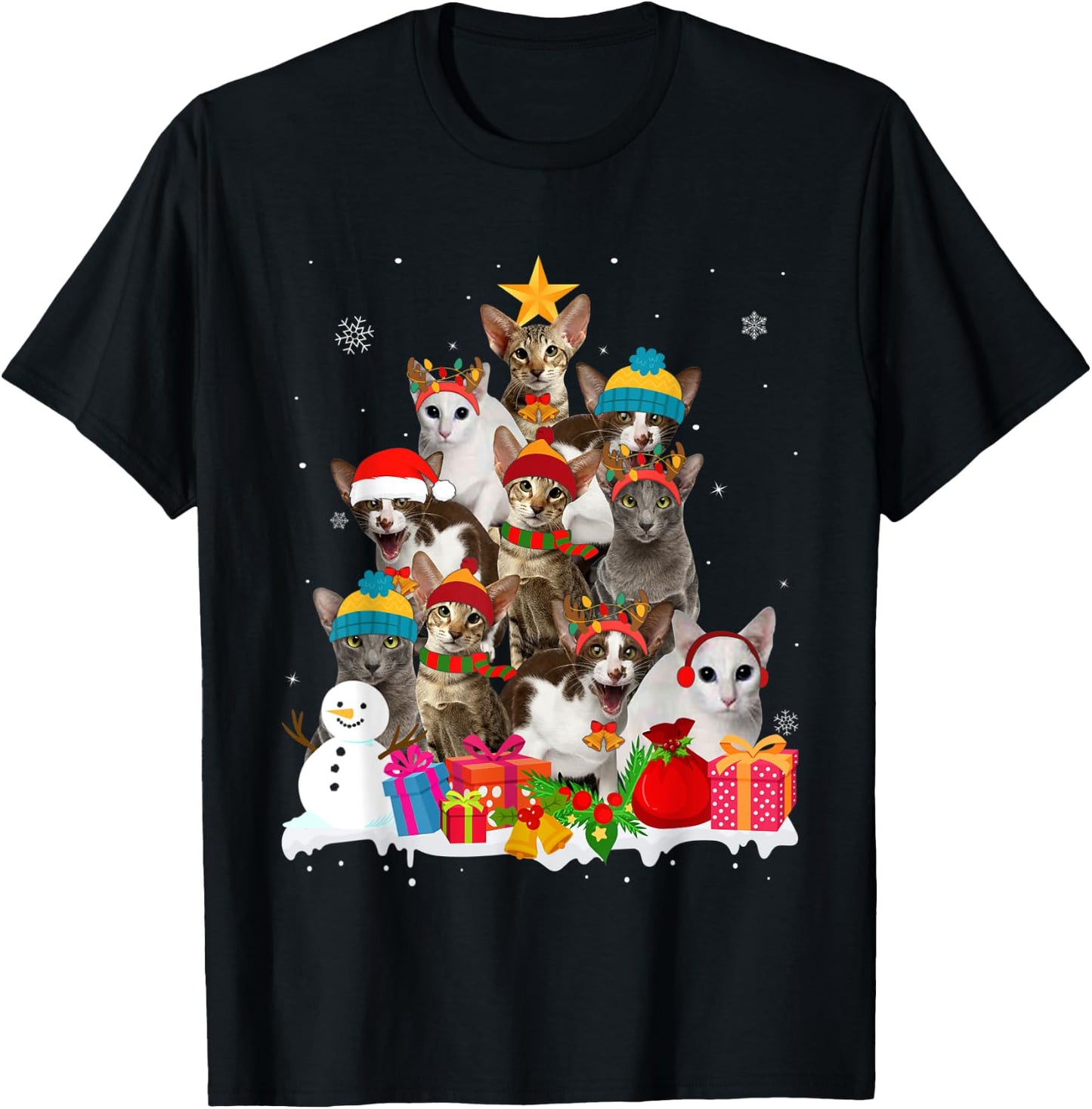 Funny Oriental Shorthair Christmas Tree Pet Cat Lover Gift Men Women Kids T-Shirt - T-Shirt | Black