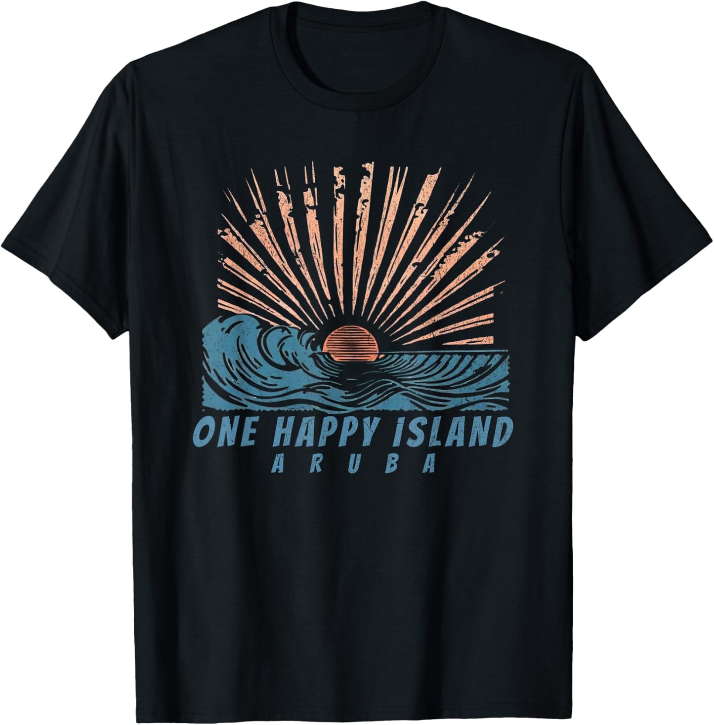 One Happy Island Aruba Sun Rays Waves Vintage Hand Drawn T-Shirt - T-Shirt | Black