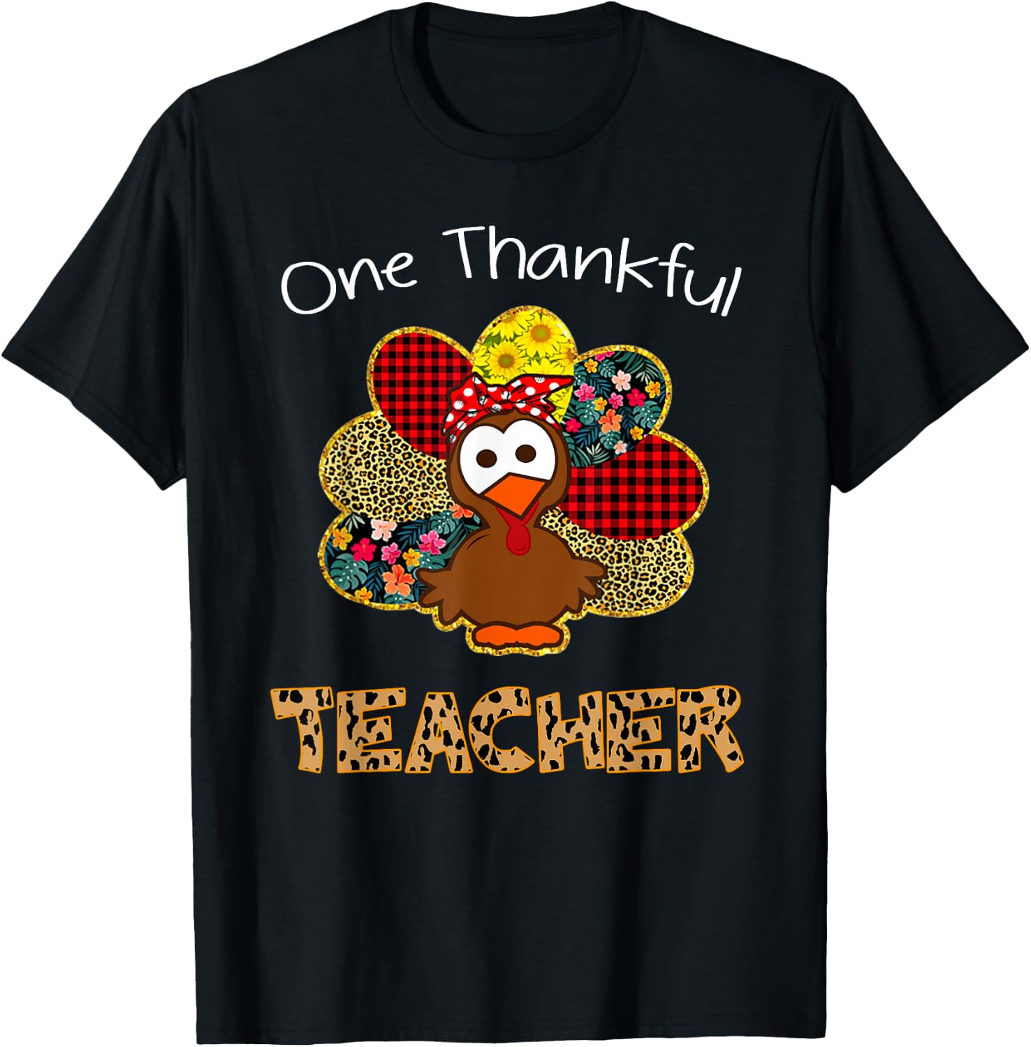 One Thankful Teacher Shirt Funny Cute Turkey Thanksgiving T-Shirt - T-Shirt | Black
