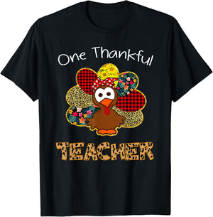 One Thankful Teacher Shirt Funny Cute Turkey Thanksgiving T-Shirt - T-Shirt | Black