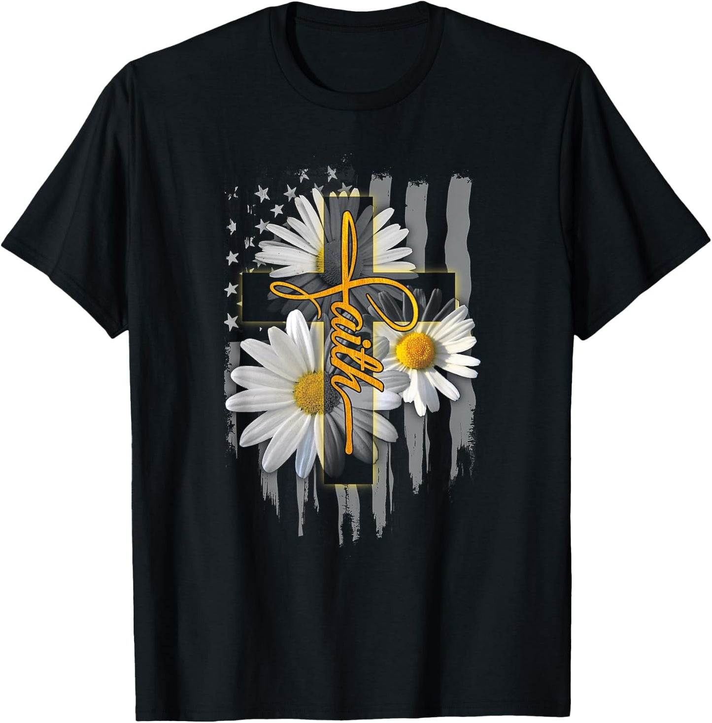 Faith Cross Casual Cross Daisy US Flag Floral T-Shirt - T-Shirt | Black