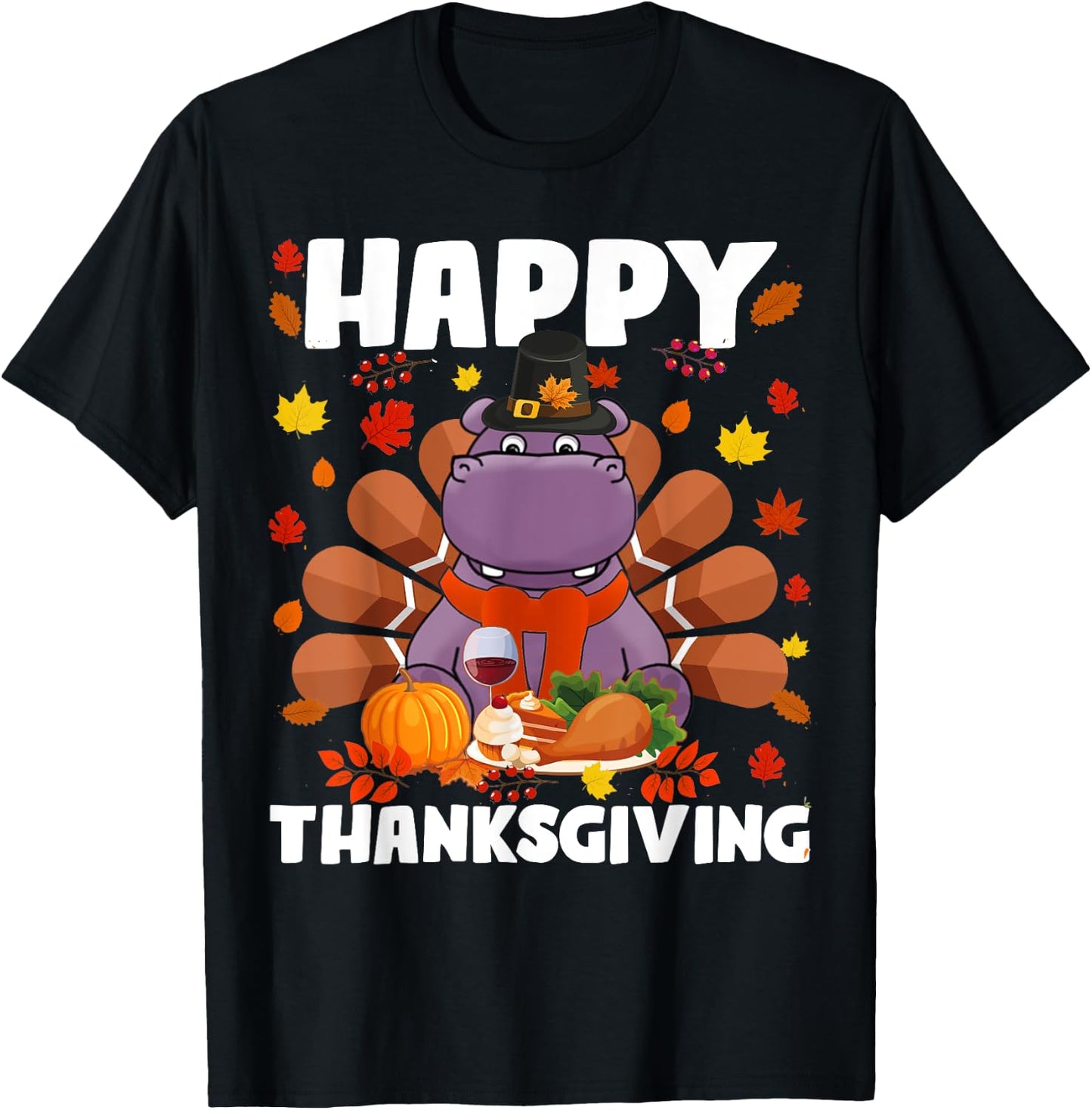 Happy Thanksgiving Funny Hippo Turkey Autumn Hippo Lover T-Shirt - T-Shirt | Black