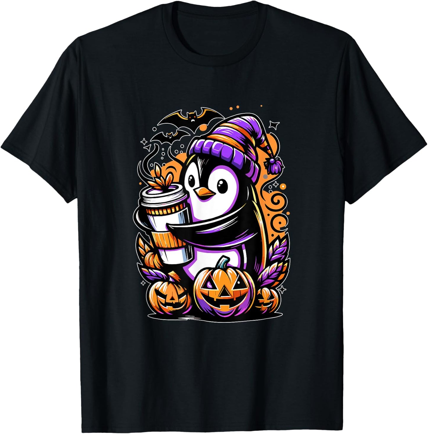 Penguin Coffee Halloween Pumpkin Cute Funny Penguin T-Shirt - T-Shirt | Black