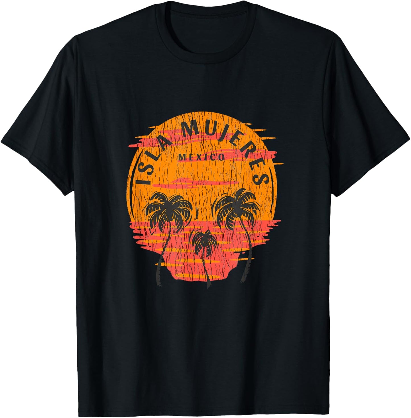 Retro Isla Mujeres Mexico Palm Trees Sunset Skull Beach T-Shirt - T-Shirt | Black