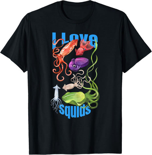 I Love Squids octopus cephalopod ocean summer kawaii cute Men Women Girls Kids T-Shirt - T-Shirt | Black
