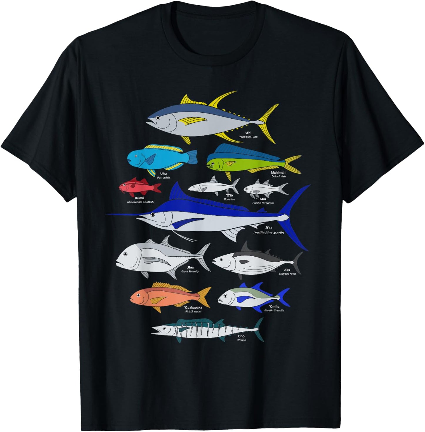 Hawaiian Fish (Ahi, Mahimahi, Ulua, Aku, Uhu, etc.) Fishing T-Shirt - T-Shirt | Black