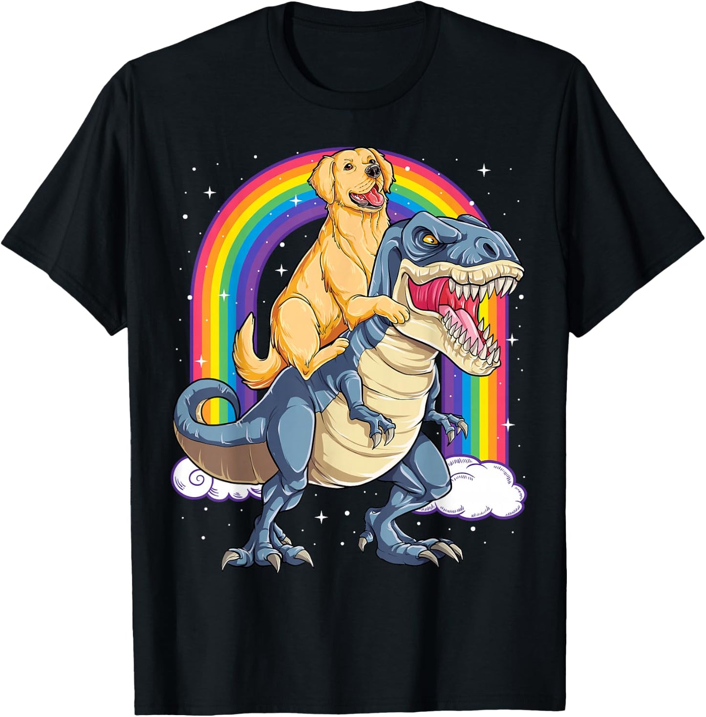 Golden Retriever Riding Dinosaur T rex Gifts Boys Rainbow Small T-Shirt - T-Shirt | Black