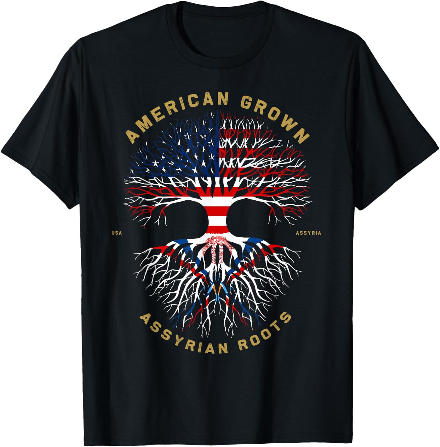 American Grown With Assyrian Roots Tree USA Flag Gifts Idea T-Shirt - T-Shirt | Black