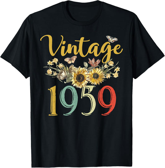 Vintage 1959 Sunflower 66th Birthday Awesome Since 1959 T-Shirt - T-Shirt | Black