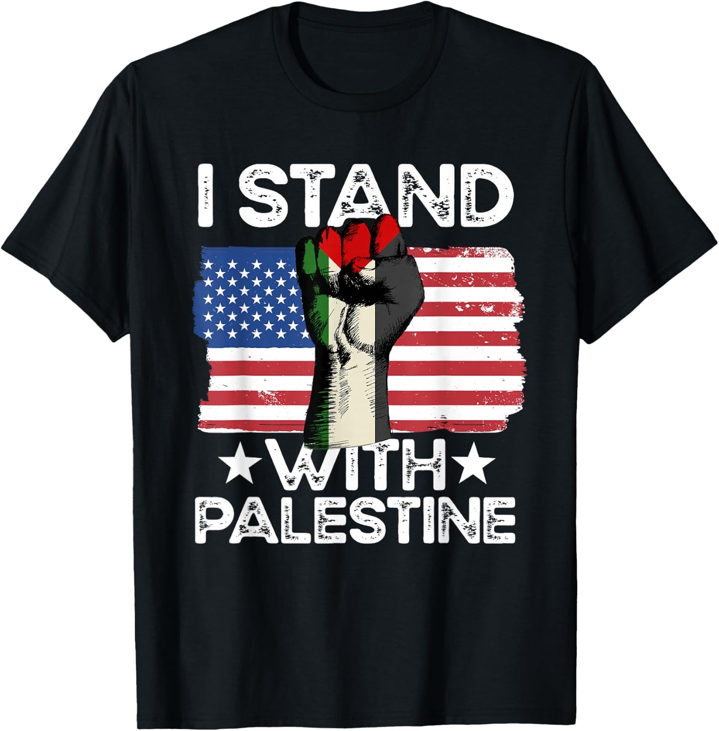 Free Palestine - American Flag and Palestine Flag T-Shirt - T-Shirt | Black