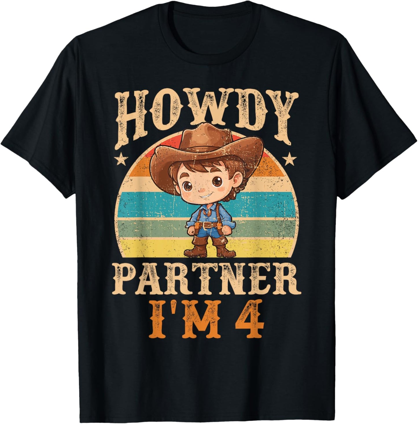 Howdy Partner I'm 4 Cowboy 4th Birthday Country Western Boy T-Shirt - T-Shirt | Black