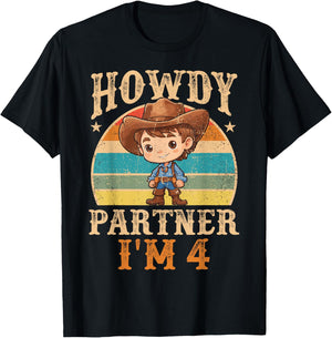 Howdy Partner I'm 4 Cowboy 4th Birthday Country Western Boy T-Shirt - T-Shirt | Black