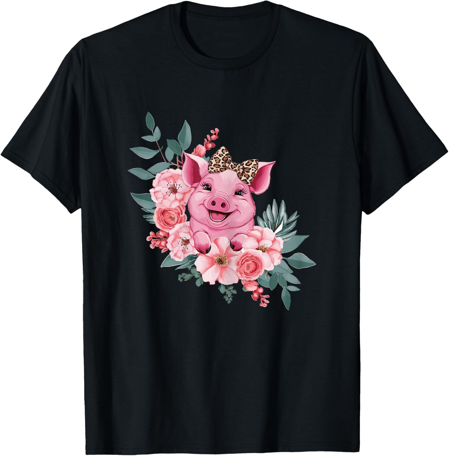 Pig With Leopard Headband Flower Pig Lover T-Shirt - T-Shirt | Black
