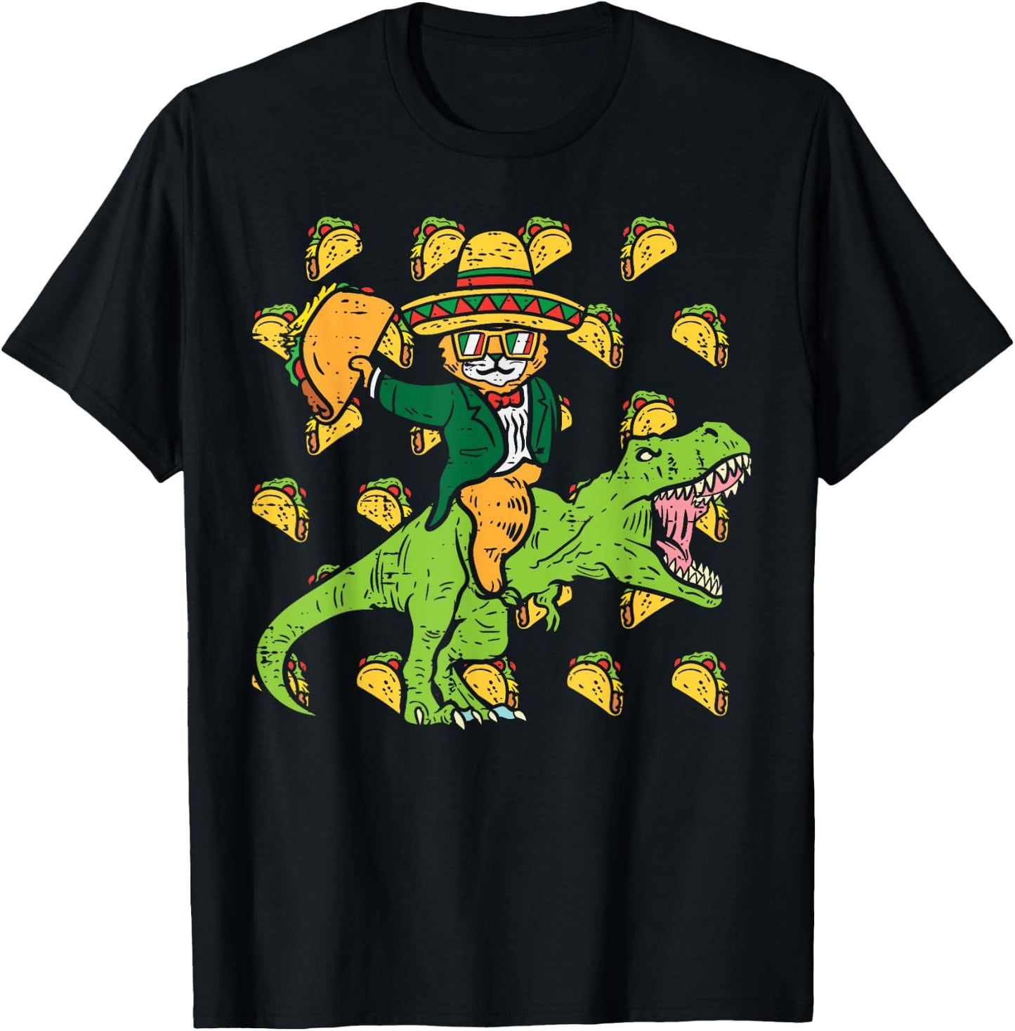 Mexican Cat Trex Tacos Funny Cinco De Mayo Fiesta Dinosaur Women Girls Kids T-Shirt - T-Shirt | Black