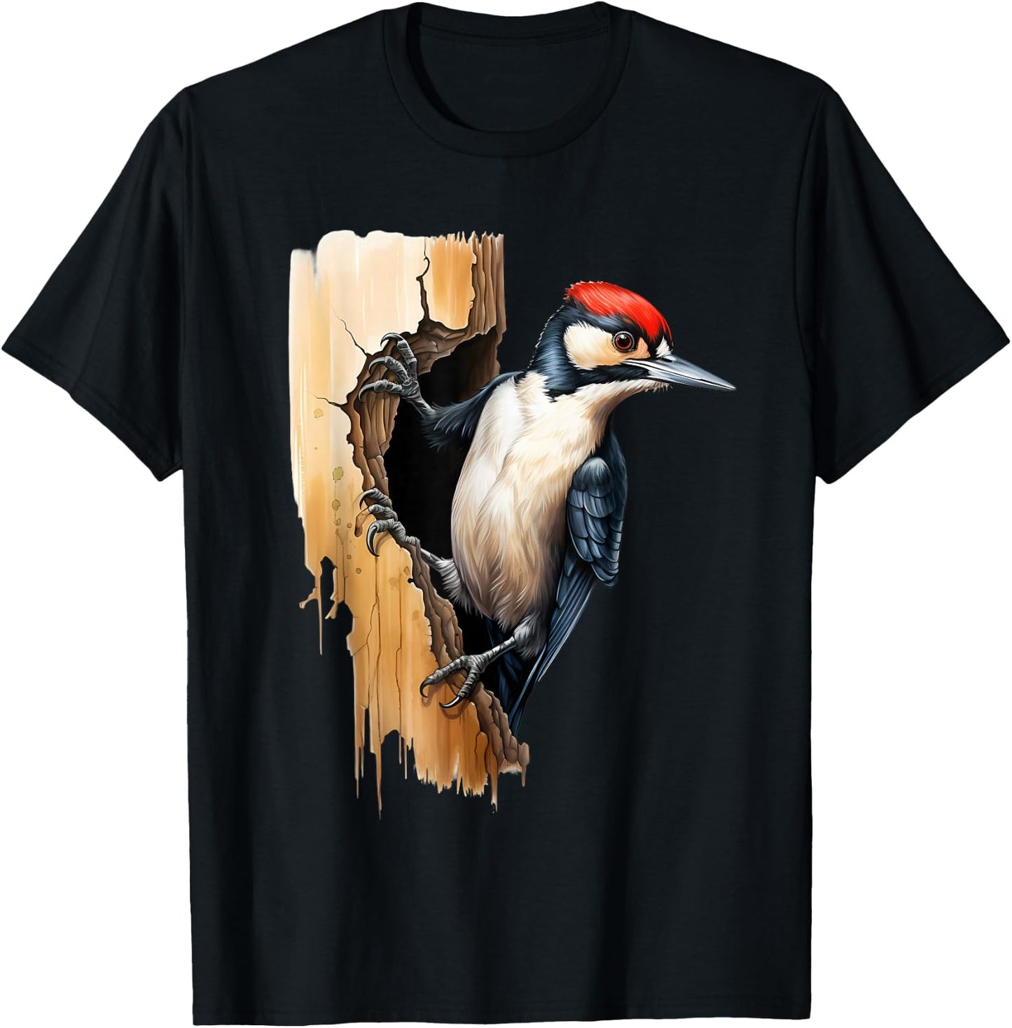 Woodpecker Wall Drawing Nature Wildlife Motif Animal Print T-Shirt - T-Shirt | Black