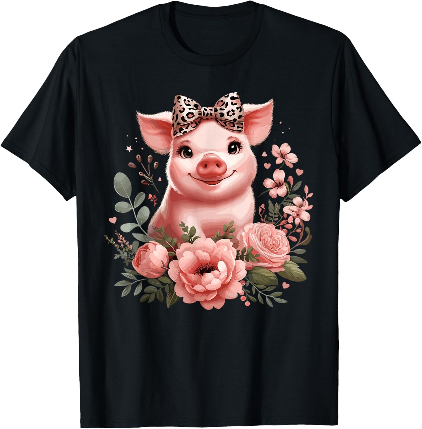 Pig With Leopard Headband Flower Cute Pig Lover T-Shirt - T-Shirt | Black