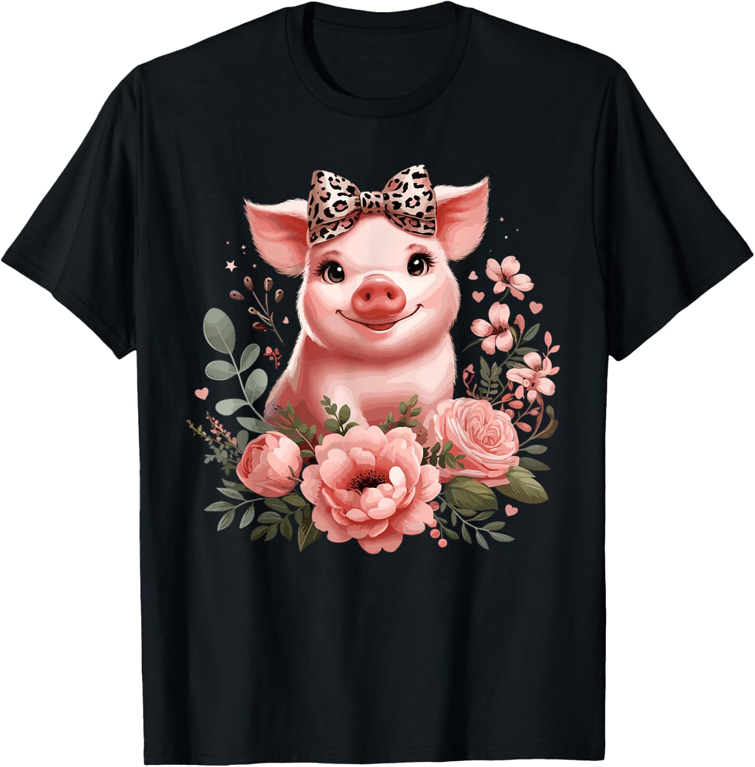 Pig With Leopard Headband Flower Cute Pig Lover T-Shirt - T-Shirt | Black
