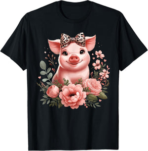 Pig With Leopard Headband Flower Cute Pig Lover T-Shirt - T-Shirt | Black