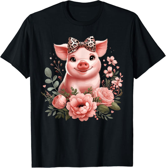 Pig With Leopard Headband Flower Cute Pig Lover T-Shirt - T-Shirt | Black