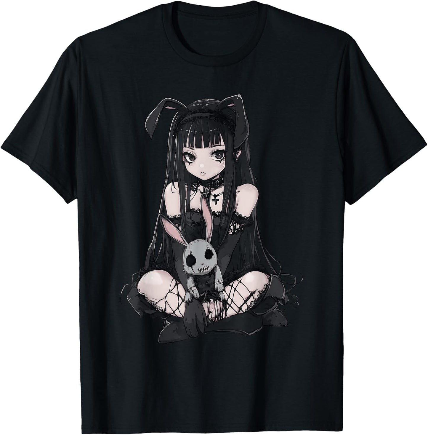E-Girl Cute Anime Girl Goth Bunny Grunge Gothic Outfit T-Shirt - T-Shirt | Black