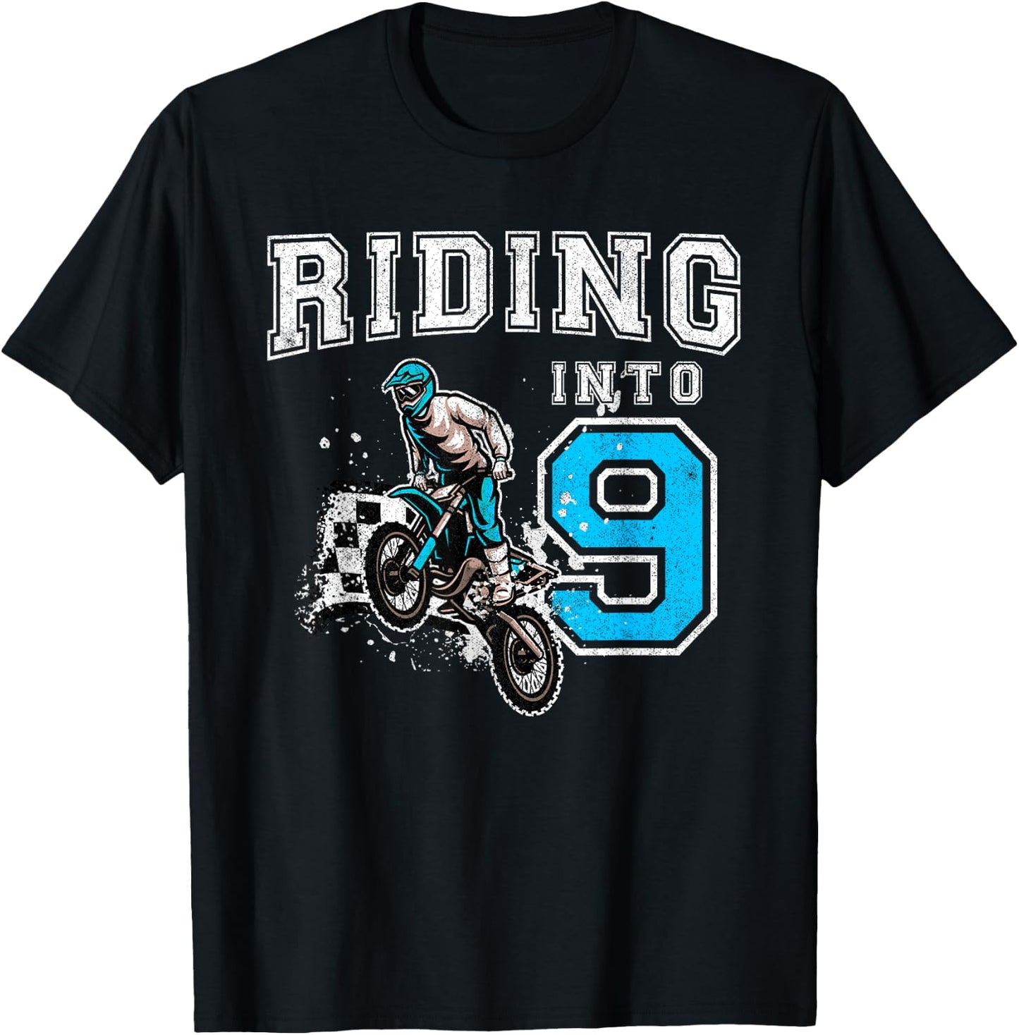 Riding Into 9 Years Old 9th Birthday Boy Dirt Bike Party T-Shirt - T-Shirt | Black