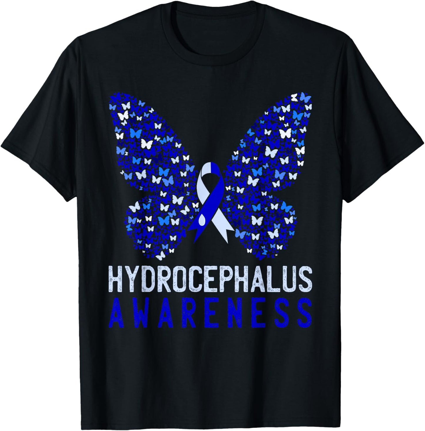 Butterfly Hydrocephalus Awareness Month Blue Ribbon Support T-Shirt - T-Shirt | Black