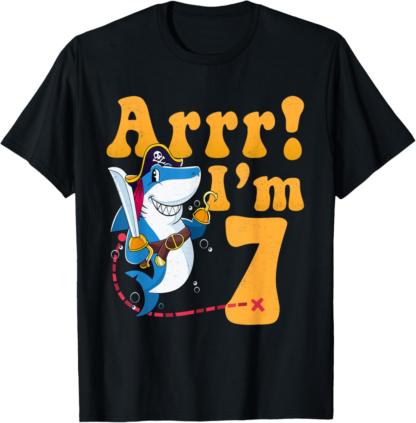 Kids 7th Shark Pirate Birthday Party 7 Seven Years Old Boys T-Shirt - T-Shirt | Black