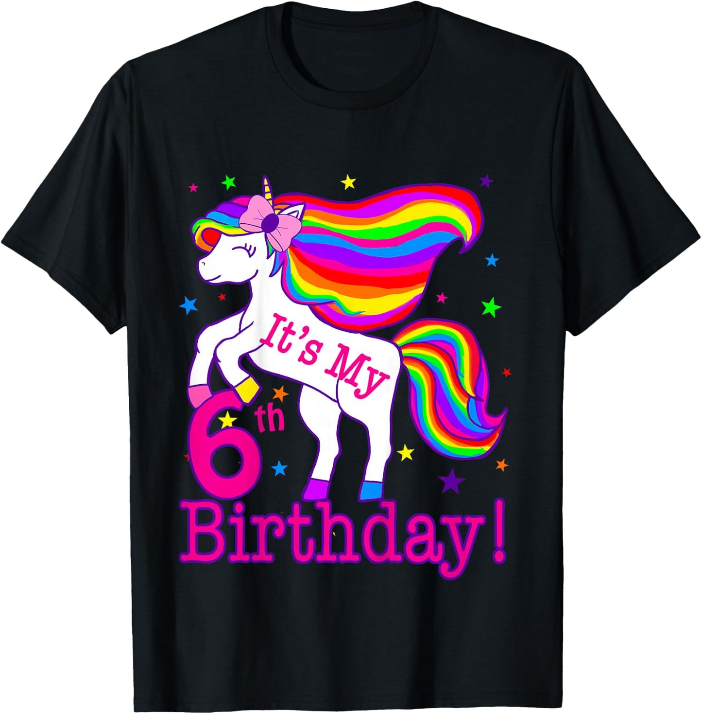 Its My 6th Birthday Rainbow Star Unicorn (6 Year Old) Girls T-Shirt - T-Shirt | Black