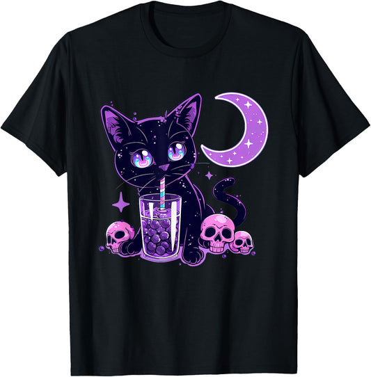 Cute Kawaii Cat Drink Boba Tea Purple Pastel Goth Neko Cat T-Shirt - T-Shirt | Black