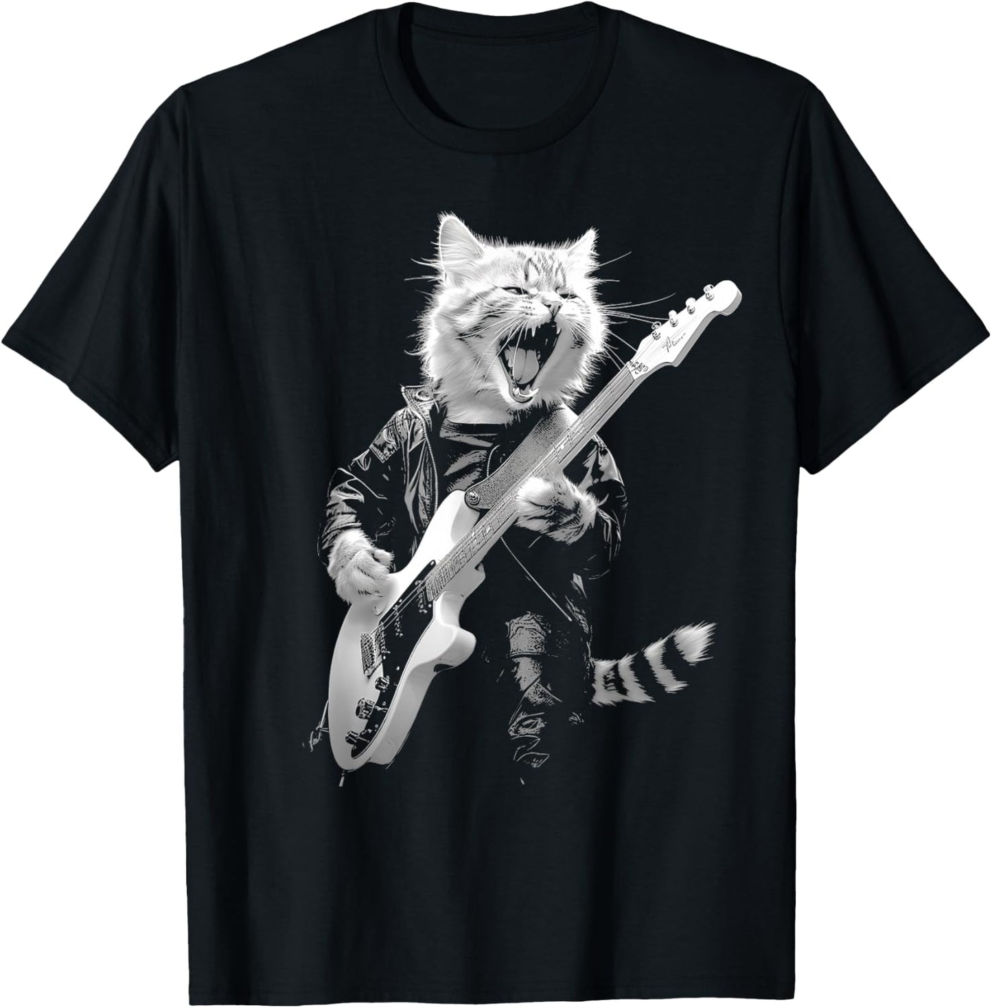 Rock Cat Playing Guitar Funny Guitar Cat Design T-Shirt - T-Shirt | Black