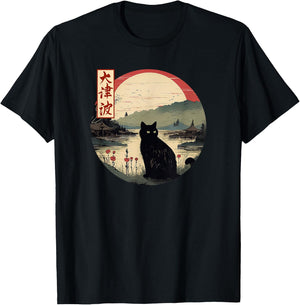 Japanese Red Sunset and Black cat Kanji Japan art T-Shirt - T-Shirt | Black