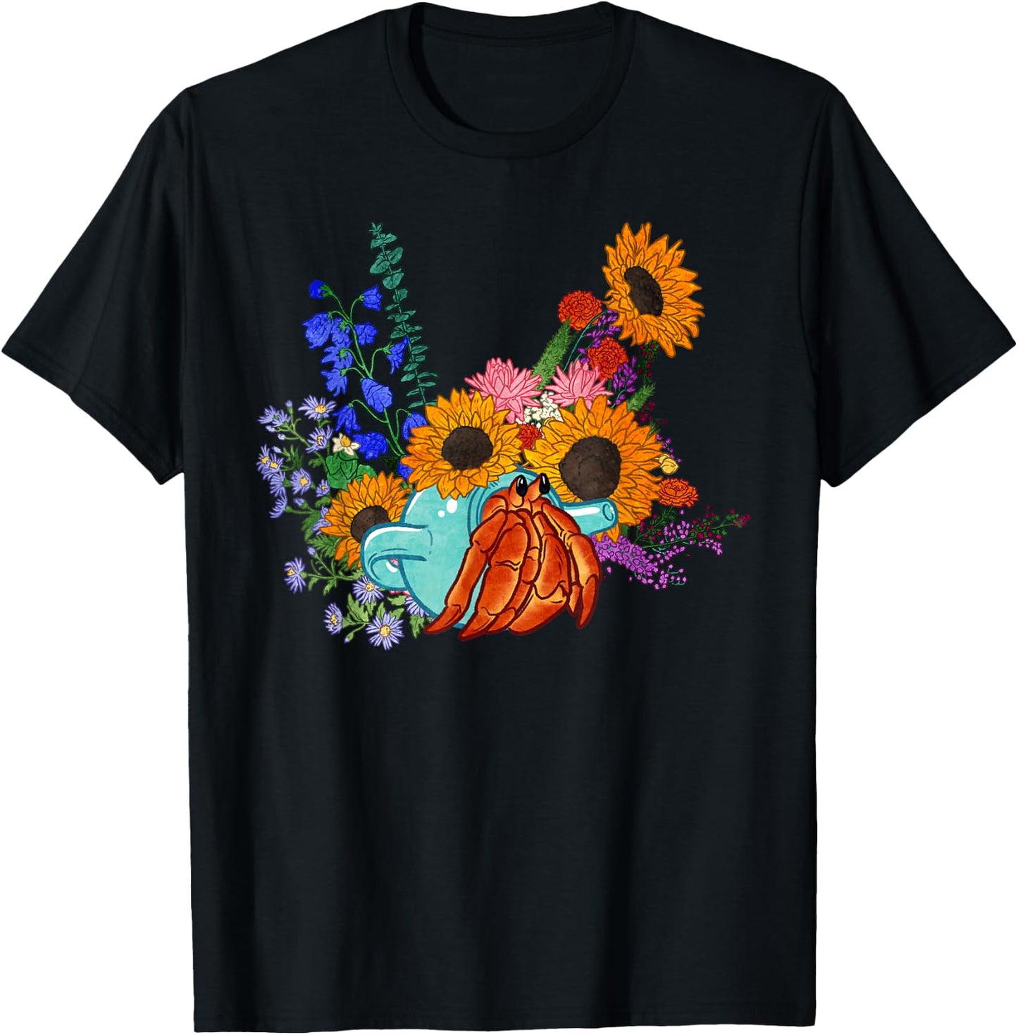 Teapot Hermit Crab and Flowers T-Shirt - T-Shirt | Black