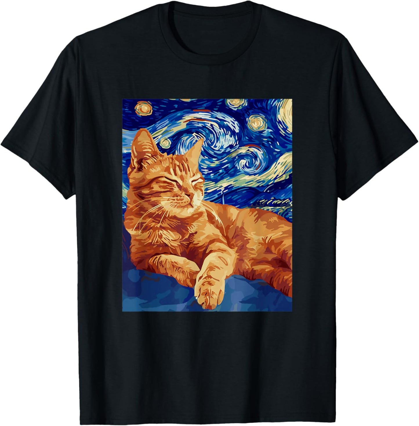 Starry Night Famous Painting Cat T-Shirt - T-Shirt | Black