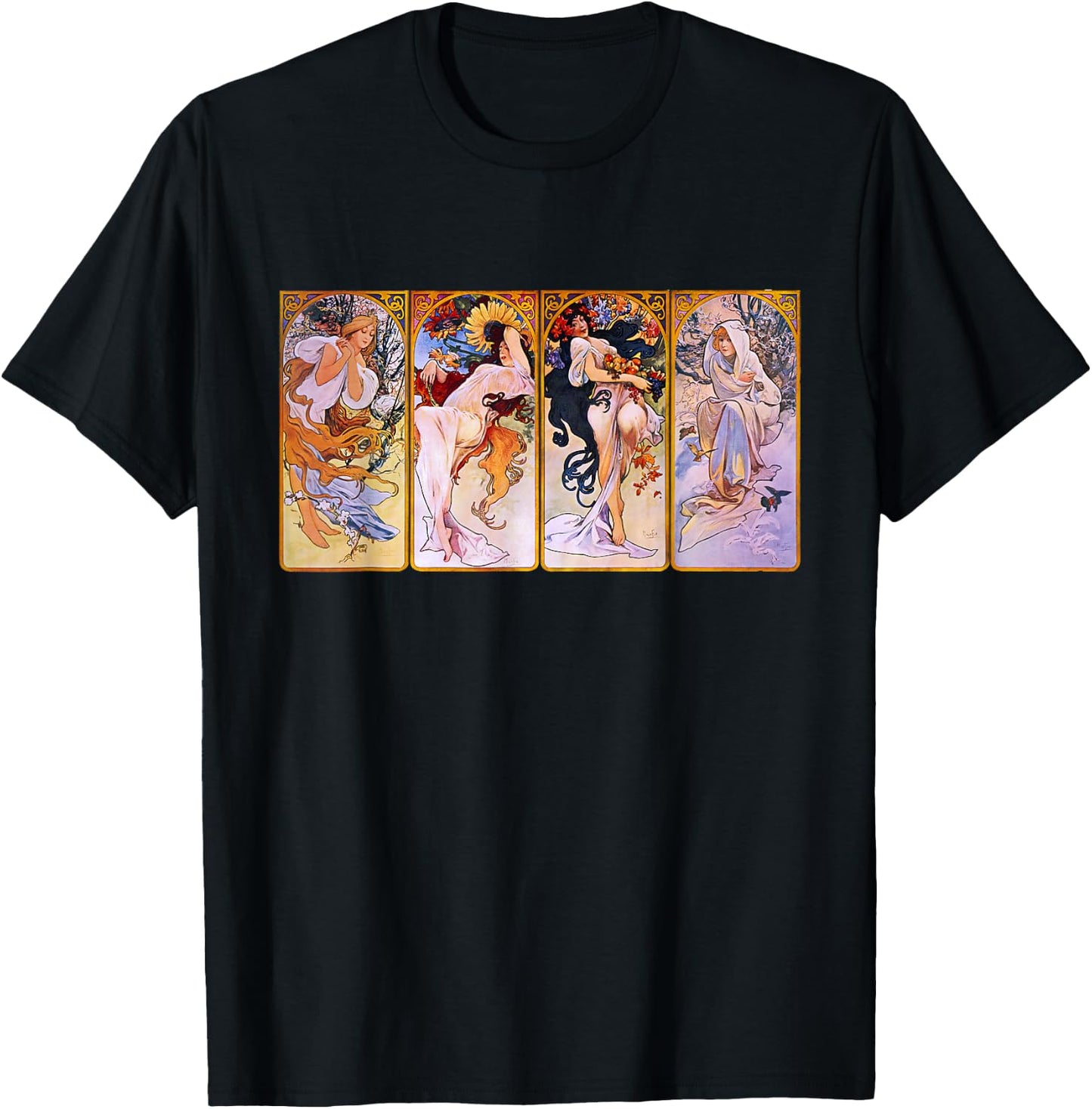Four Seasons by Mucha Art Nouveau T-Shirt - T-Shirt | Black