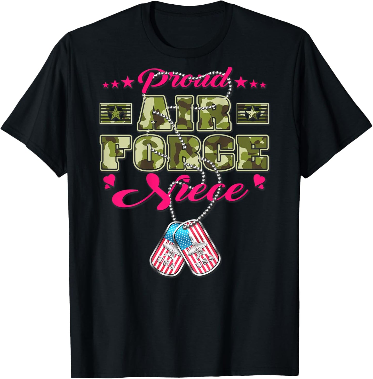 Proud Air Force Niece - Camo US Flag Dog Tag Military Family Men Women Kids T-Shirt - T-Shirt | Black