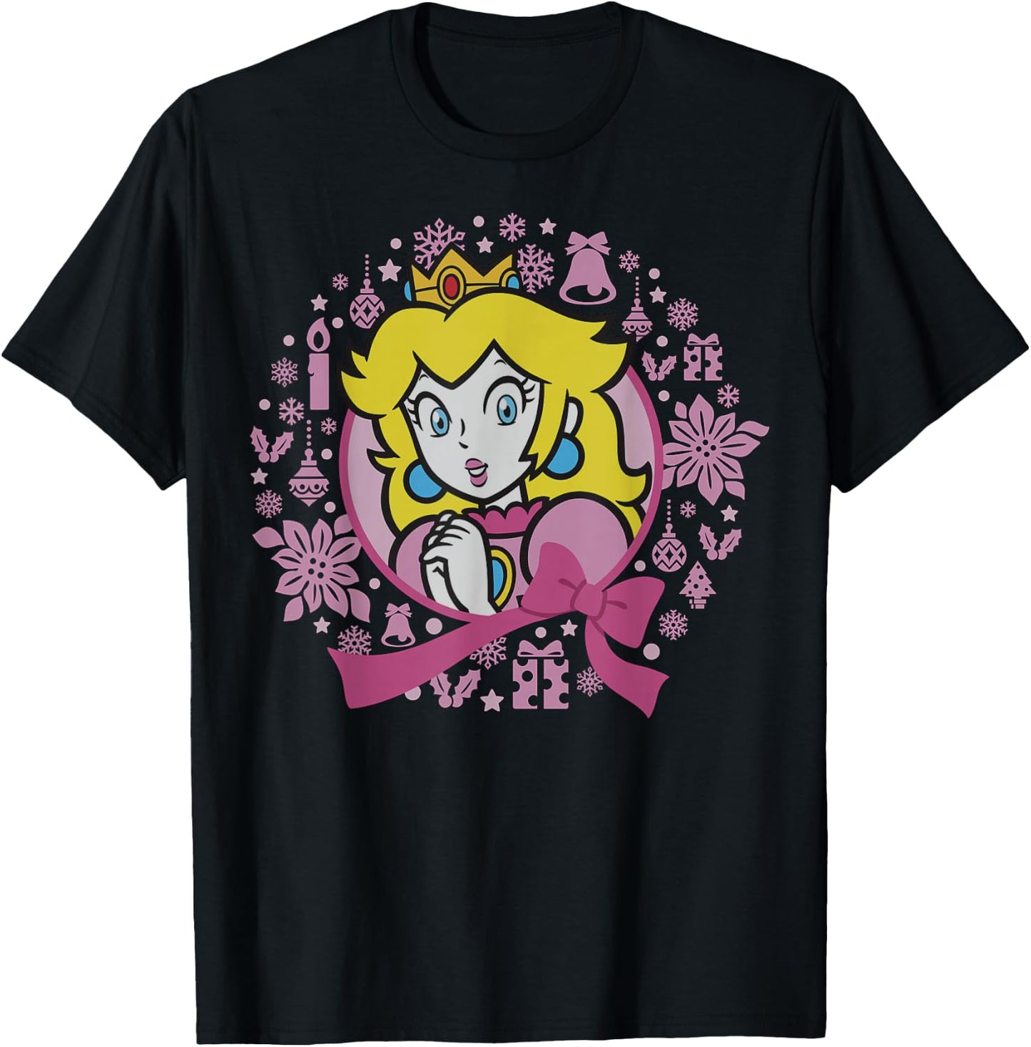 Super Mario Bros Princess Peach Pink Bow Circle Portrait T-Shirt - T-Shirt | Black