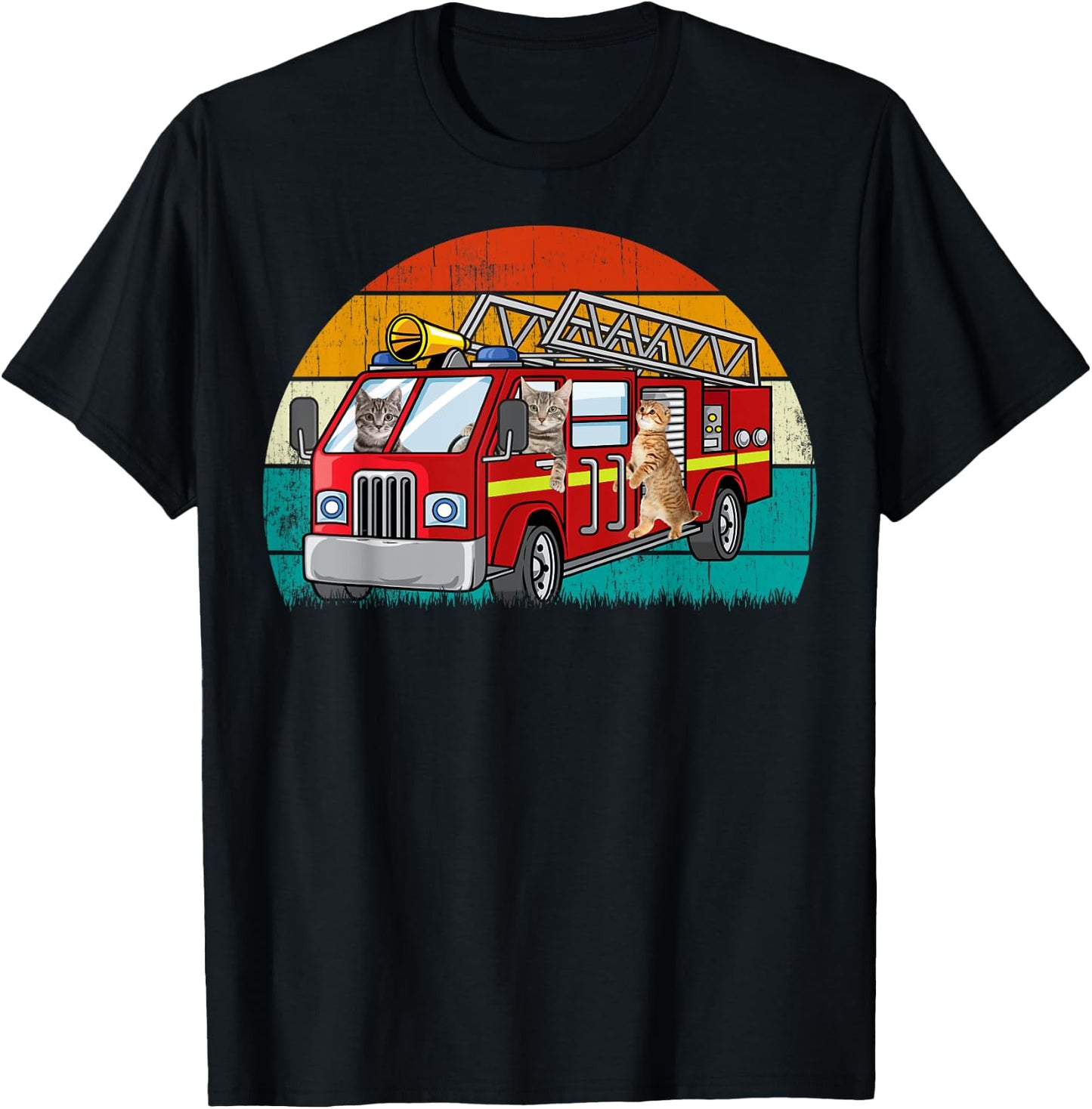 Vintage Retro Style Sunset rescue Engine Cat Firefighter T-Shirt - T-Shirt | Black