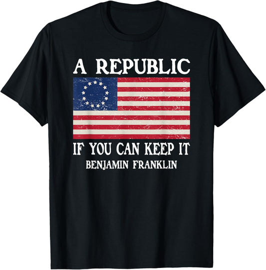 Ben Franklin Quote Designs A Republic, If You Can Keep It - -Adults, X-Small, Black, Short Sleeve T-Shirt - T-Shirt | Black