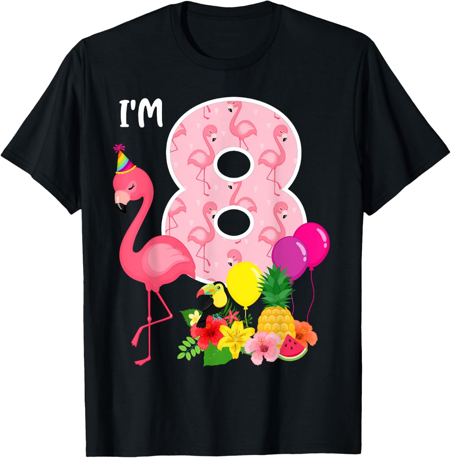 Flamingo Birthday I'm 8 Tropical Flamingo Theme 8th Birthday T-Shirt - T-Shirt | Black