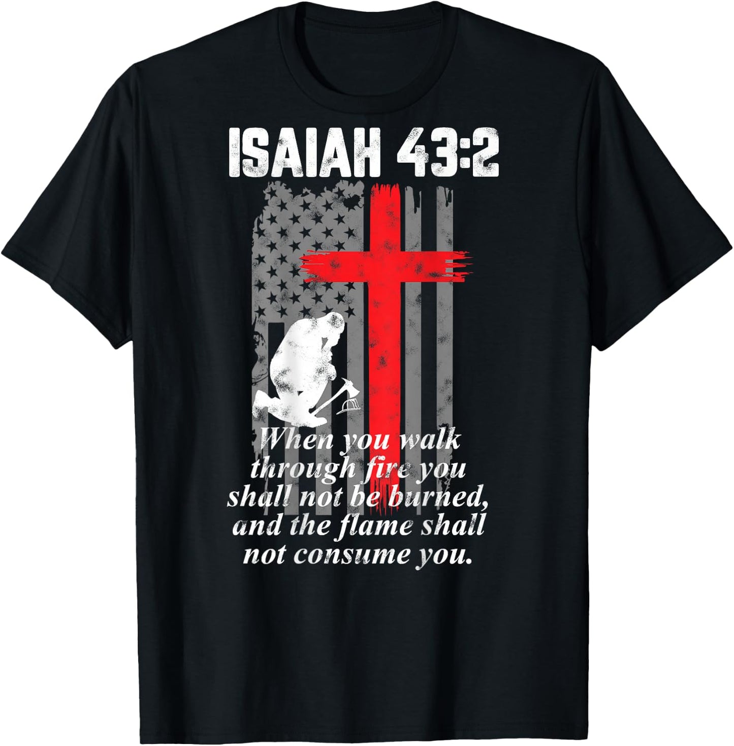 Thin Red Line Firefighter Cross Bible Verse American Flag Small T-Shirt - T-Shirt | Black