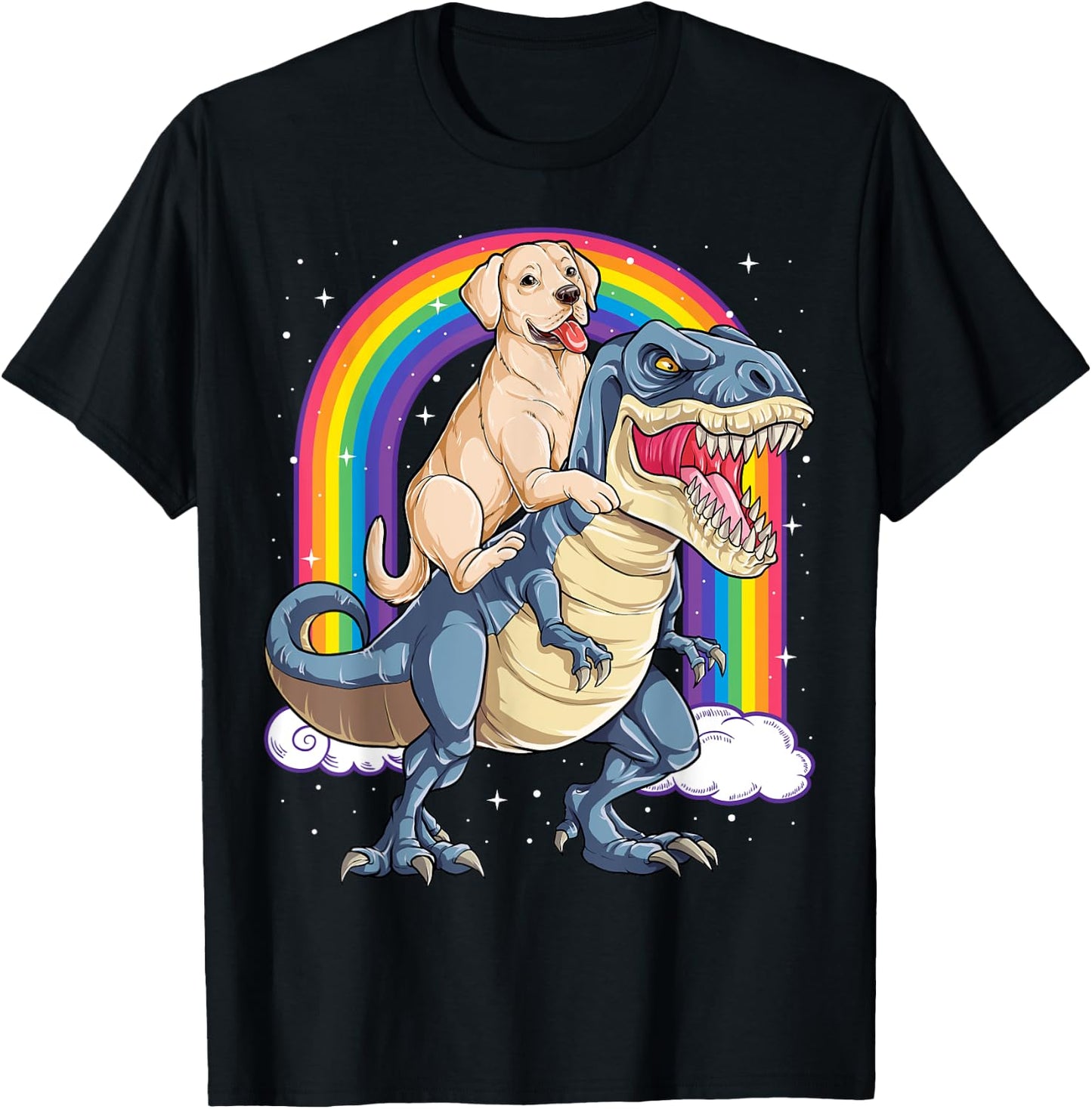 Labrador Riding Dinosaur T-rex Gifts Boys Kids Men Rainbow T-Shirt - T-Shirt | Black