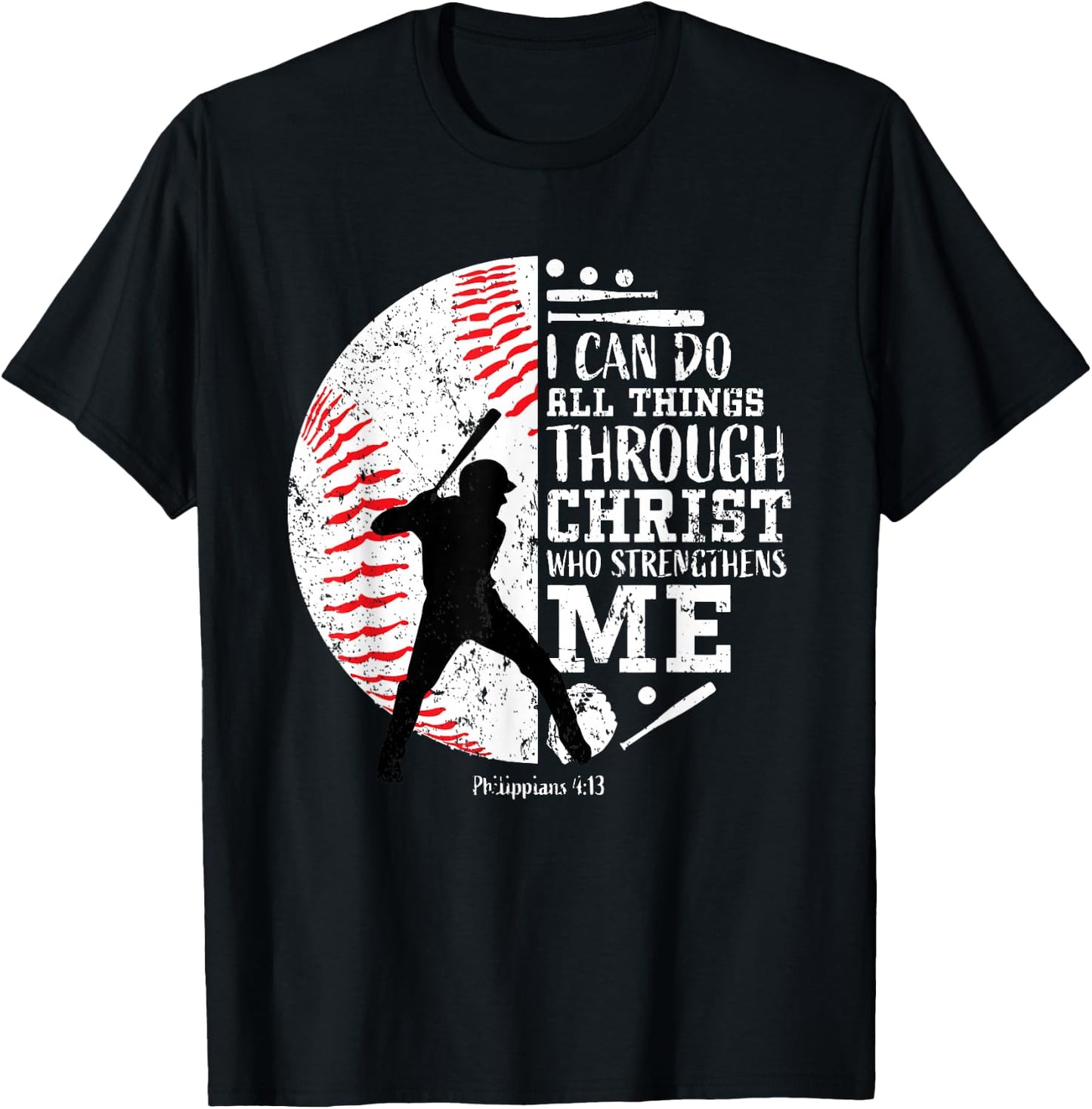 Philippians 4:13 Baseball Player Graphic With Bible Verse T-Shirt - T-Shirt | Black