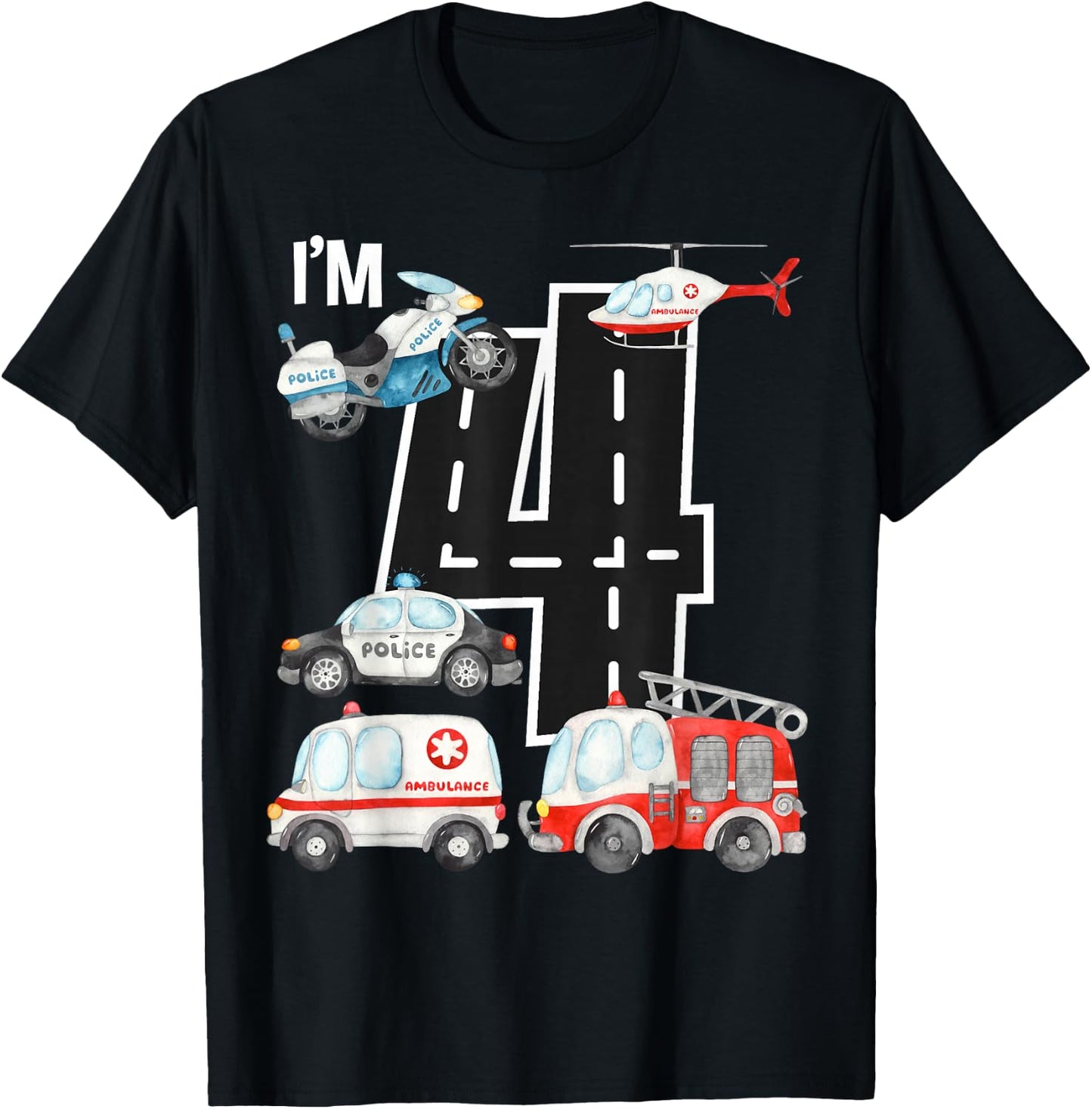 Emergency Vehicles 4th Birthday Fire Truck Police Car Boys T-Shirt - T-Shirt | Black