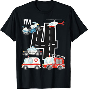 Emergency Vehicles 4th Birthday Fire Truck Police Car Boys T-Shirt - T-Shirt | Black