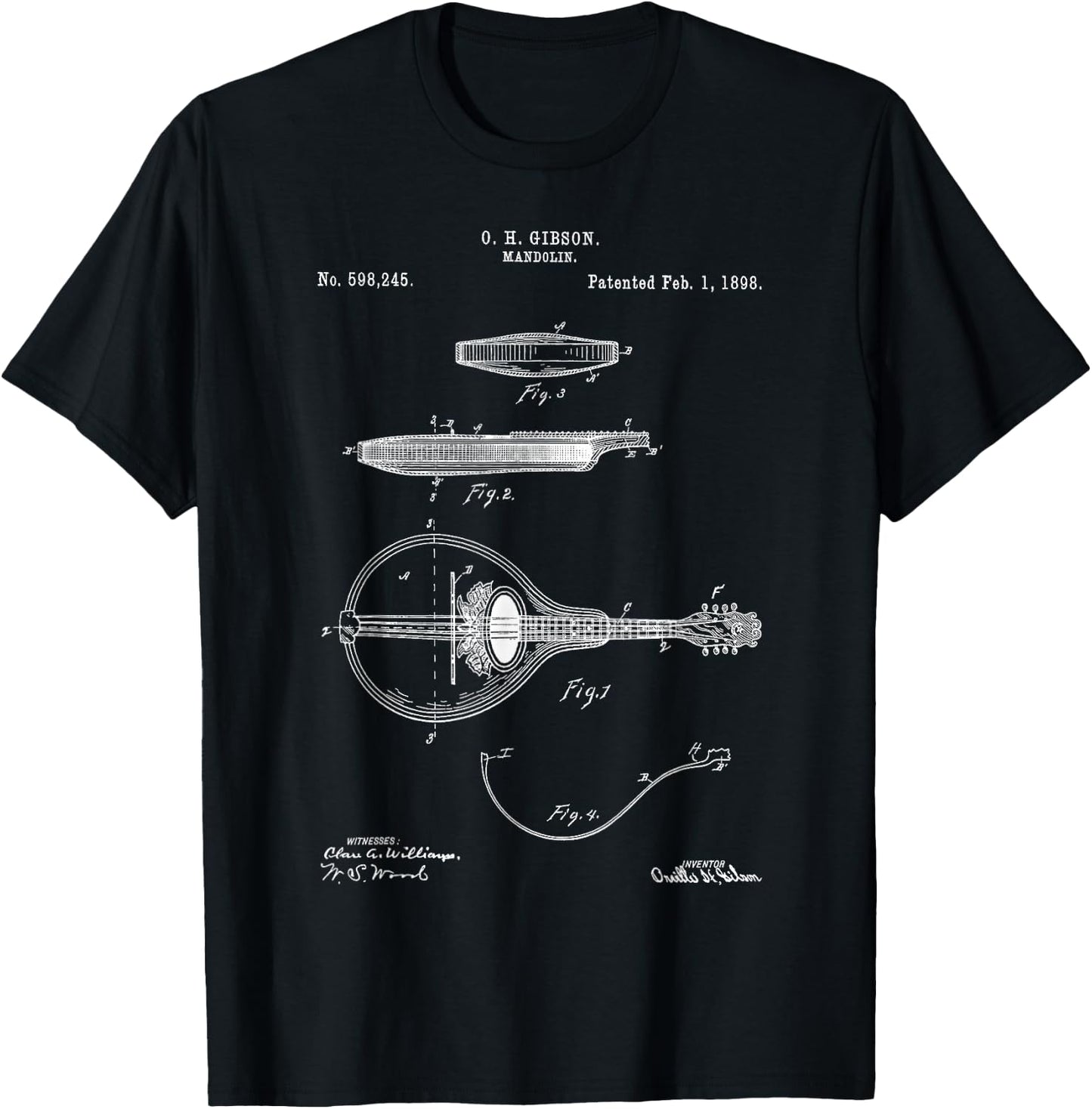 Vintage Patent Mandolin 1898 Music Retro Blueprint Fun Gift T-Shirt - T-Shirt | Black